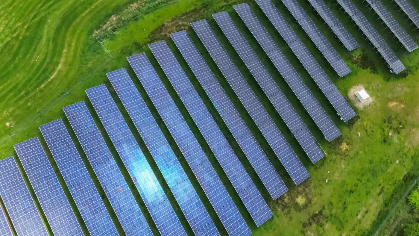 Aerial view of a solar energy farm, Solage renewable energy finance